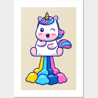 Cute Unicorn Flying With Rainbow Posters and Art